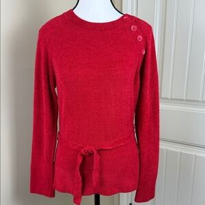 Dalia Sweater Vibrant Red Long Sleeve Tie Waist Shoulder Buttons Women's Sz M